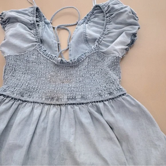 Free People Daphne Denim Babydoll Mini Dress Lace Up Back Size XS - Picture 13 of 13